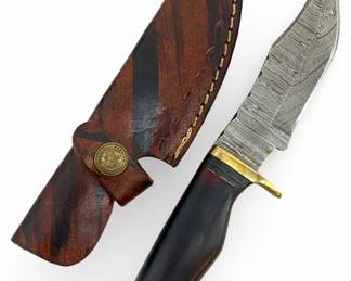 Vintage Damascus Steel Blade Knife and Sheath
