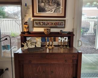 Museum copy pottery numbered and signed, original art work, antique sideboard/buffet