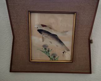 Vintage wood block koi in Vintage frame bought in Japan 1963