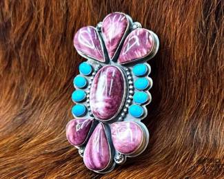 1164 Native American Purple Spiny Oyster with Turquoise Sterling Silver Statement Ring Artist Stamped