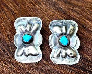 1258 Native American Sterling Silver Turquoise Concho Earrings, 2.28g