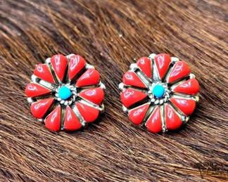 1256 Native American Sterling Silver Coral Flower Earrings, 5.21g