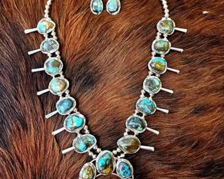 1314 Native American Sterling Silver Turquoise Squash Blossom