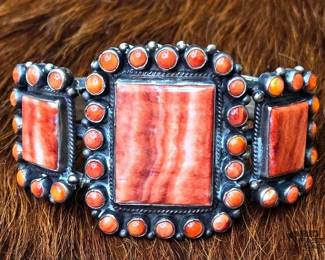 1146 Native American Orange Spiny Oyster Sterling Silver Cuff Artist Stamped