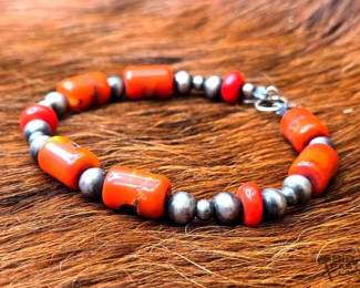 1218 Native American Coral and Sterling Silver Beaded Bracelet