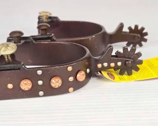 5402 NEW Showman Brown Steel Spurs with Engraved Copper Studs