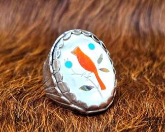 1170 OLD PAWN Tim Kee Whitman Sterling Silver Ring with Mother of Pearl with Turquoise and Coral Inlay
