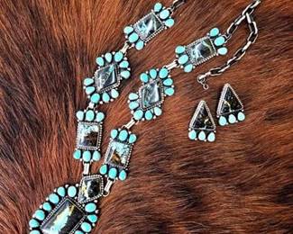 1014 Bob Becenti Native American Black Jack Turquoise Necklace with Matching Earrings