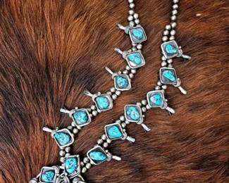 1026 Old Pawn Native American Turquoise Squash Blossom complete wit handmade Navajo Pear Artist S...