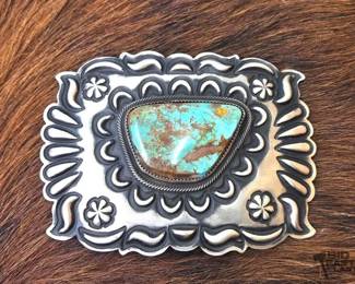 1016 Native American Large Turquoise Engraved Sterling Silver Belt Buckle Artist Signed