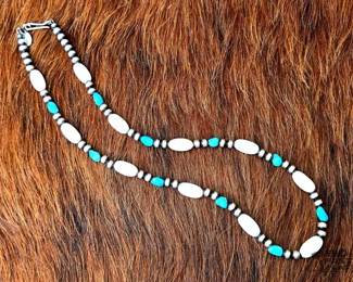 1230 Native American Sterling Silver, Pink Conch Turquoise Beaded Necklace, 10.88g