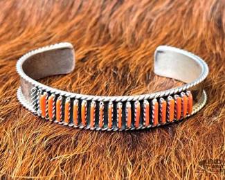 1186 Zuni DL Bellson Native American Coral Needle Sterling Silver Cuff