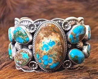 1008 Leroy James Native American Royston Turquoise Statement Engraved Sterling Silver Cuff