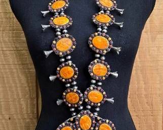 1000 HUGE Orange and Purple Spiny Oyster Statement Squash Blossom with Matching Earrings and Ring mus...