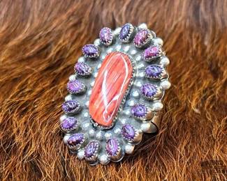 1158 Native American Orange Spiny Oyster with Purple Spiny Oyster Halo Sterling Silver Adjustable Ring Artist...
