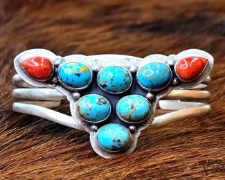 1318 Native American Turquoise and Coral Steer Head Ring