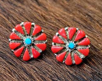 1244 Native American Sterling Silver Coral Flower Earrings, 5.06g
