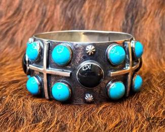 1140 Native American Sterling Silver Nakai Cross Statement Bangle Artist Stamped