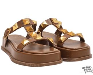 2028 Valentino Rockstud Accents Brown Leather Platform Slides