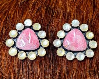 1216 Native American Sterling Silver Pink Conch Mother of Pearl Cluster Earrings, 19.63g