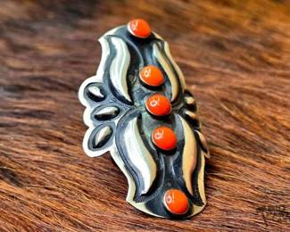 1232 Leander Jahe Native American Sterling Silver Coral Concho Ring, 19.38g