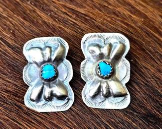 1250 Native American Sterling Silver Turquoise Concho Earrings, 2.28g