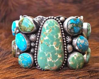 1012 Native American Turquoise Engraved Sterling Silver Leroy James Statement Cuff Artist Signed