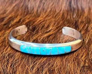 1166 Native American Turquoise Inlayed Sterling Silver Cuff Artist Stamped