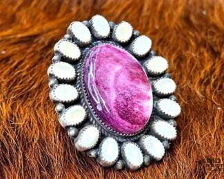 1202 Dean Brown Native American Purple Spiny Oyster with Mother of Pearl Halo Sterling Silver Adjustable Ring
