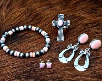 1336 Sterling Silver and Pink Conch Earrings, Cross ring and Beaded Bracelet