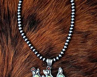 1028 Russell Sam Turquoise Cactus Pendent with Navajo Pearl Necklace
