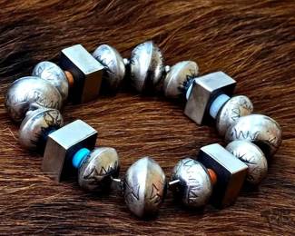 1328 Native American Navajo Bead with Turquoise and Coral Bracelet
