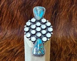 1144 Native American Mother of Pearl Cluster with Turquoise Sterling Silver Ring Artist Stamped