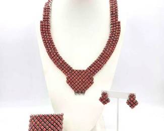 1002 Native American Handcrafted Coral Sterling Silver Collar Necklace with Statement Cuff and Earrings