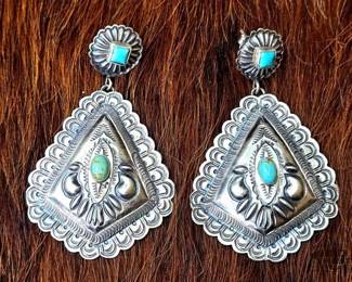 1224 T. Charlie Native American Sterling Silver Concho Earrings with Turquoise