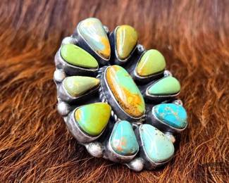 1200 Maynard Garcia Native American Turquoise Cluster Sterling Silver Adjustable Ring Artist Stamped
