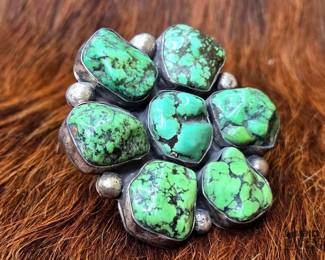 1142 Native American Turquoise Flower Adjustable Adjustable Ring Artist Stamped