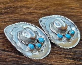 1350 Native American Turquoise Sterling Silver Cowboy Hat Earrings