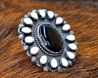 1024 Richard Yazzie Native American Onyx with Pink Conch Halo Sterling Silver Adjustable Ring