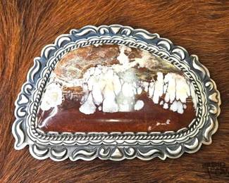 1006 Charles Johnson Native American Large White Horse Turquoise Statement Belt Buckle