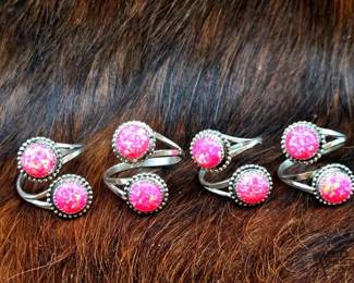 1266 4 Sterling Silver Double Pink Fire Opal Stone Adjustable Rings, 12.77g