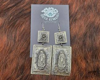 1414 Hippie Cowgirl Couture Virgin Mary Dangle Earrings, 26.77g