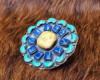 1150 Native American Turquoise and Lapis Sterling Silver Statement Cluster Ring