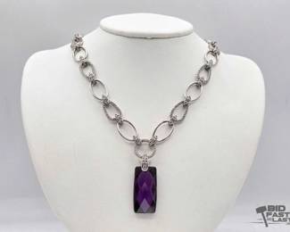 1304 Sterling Silver Amethyst Pendant Link Necklace, 54.44g