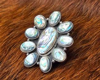 1178 Native American Abalone Shell Cluster Sterling Silver Ring Artist Stamped