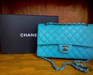 100 AUTHENTICATED Chanel Turquoise Lambskin Quilted Double Flap Bag