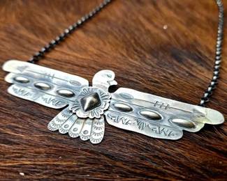 1254 Timmy Yazzie Native American Sterling Silver Thunderbird Necklace, 24.45g