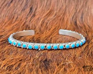 1182 Native American Dainty Turquoise Sterling Silver Cuff Artist Stamped
