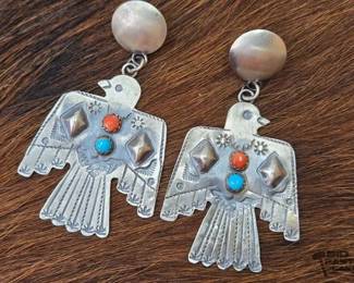 1362 Native American Turquoise and Coral Thunderbird Earrings