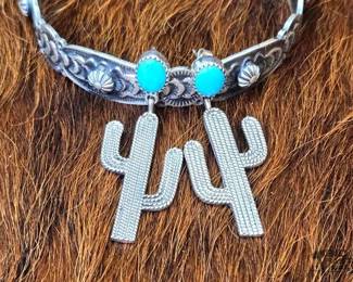 1154 Native American Turquoise Cactus Sterling Silver Dangle Earrings Artist Stamped